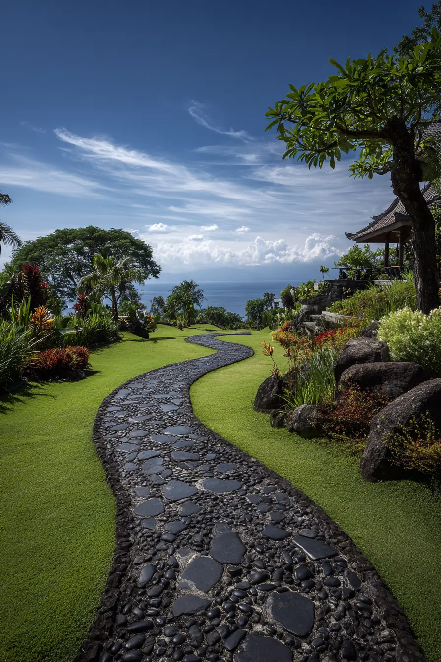 Curved Pebble Grass Walkway with Coastal View