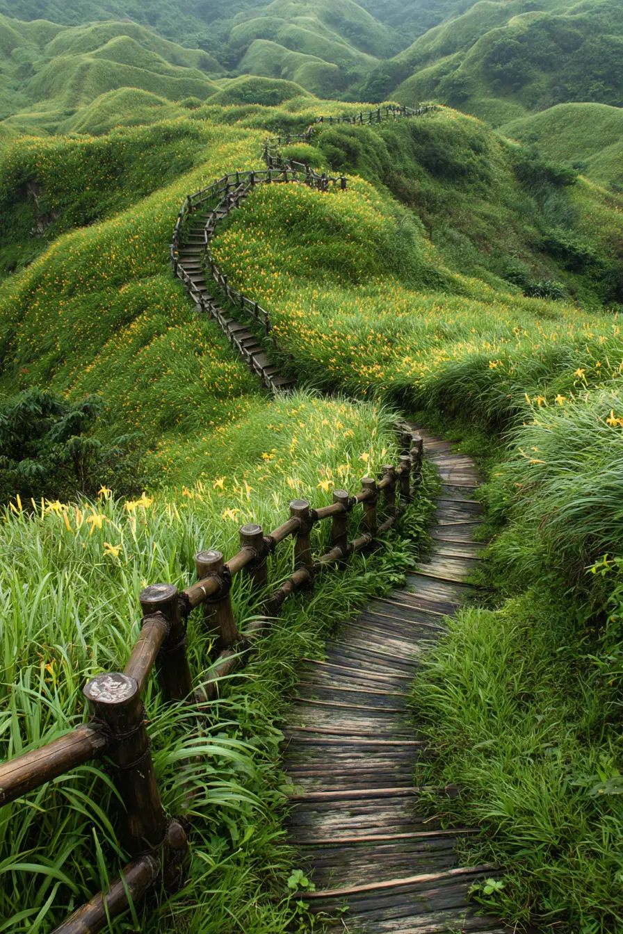 Rustic Wooden Garden Stairs Through Rolling Hills