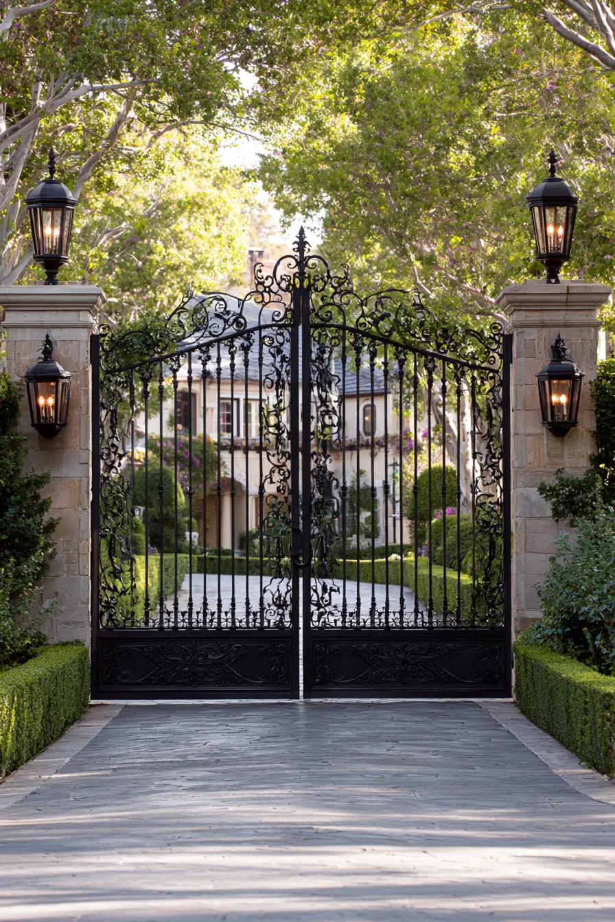 Grand Wrought Iron Gate with Stone Pillars
