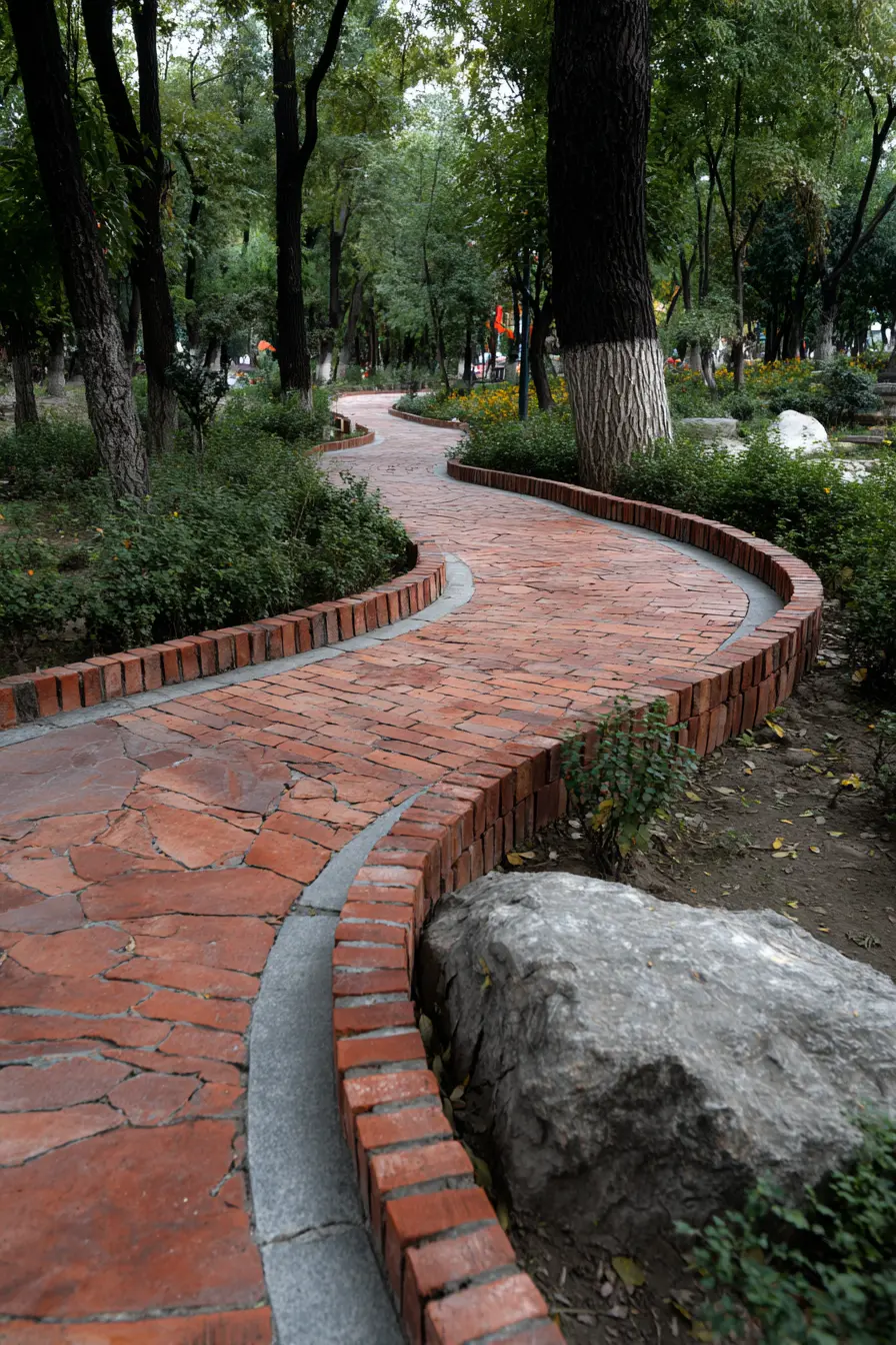 Winding Red Brick Concrete Pathway