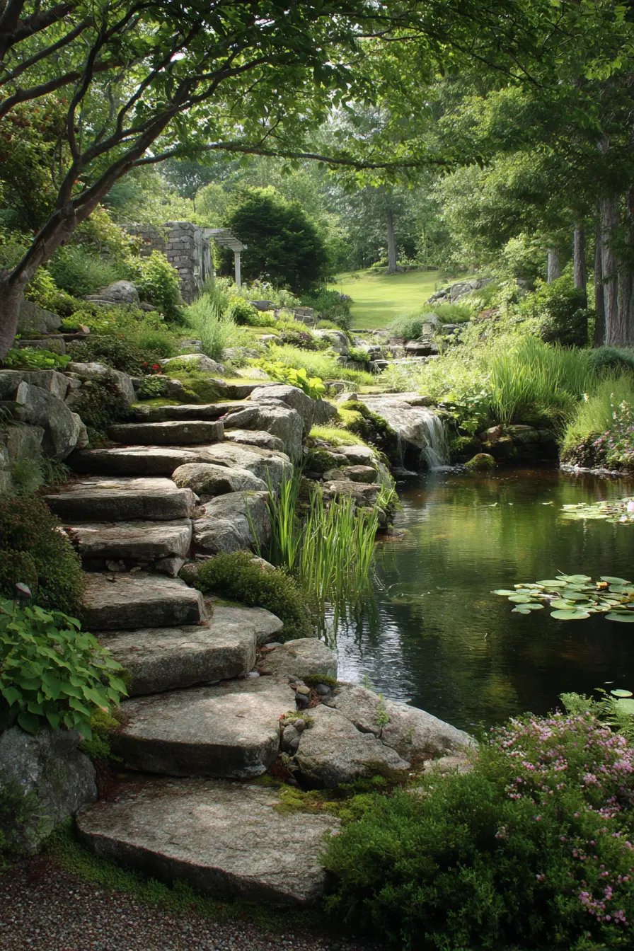Rustic Stone Steps Beside a Tranquil Pond