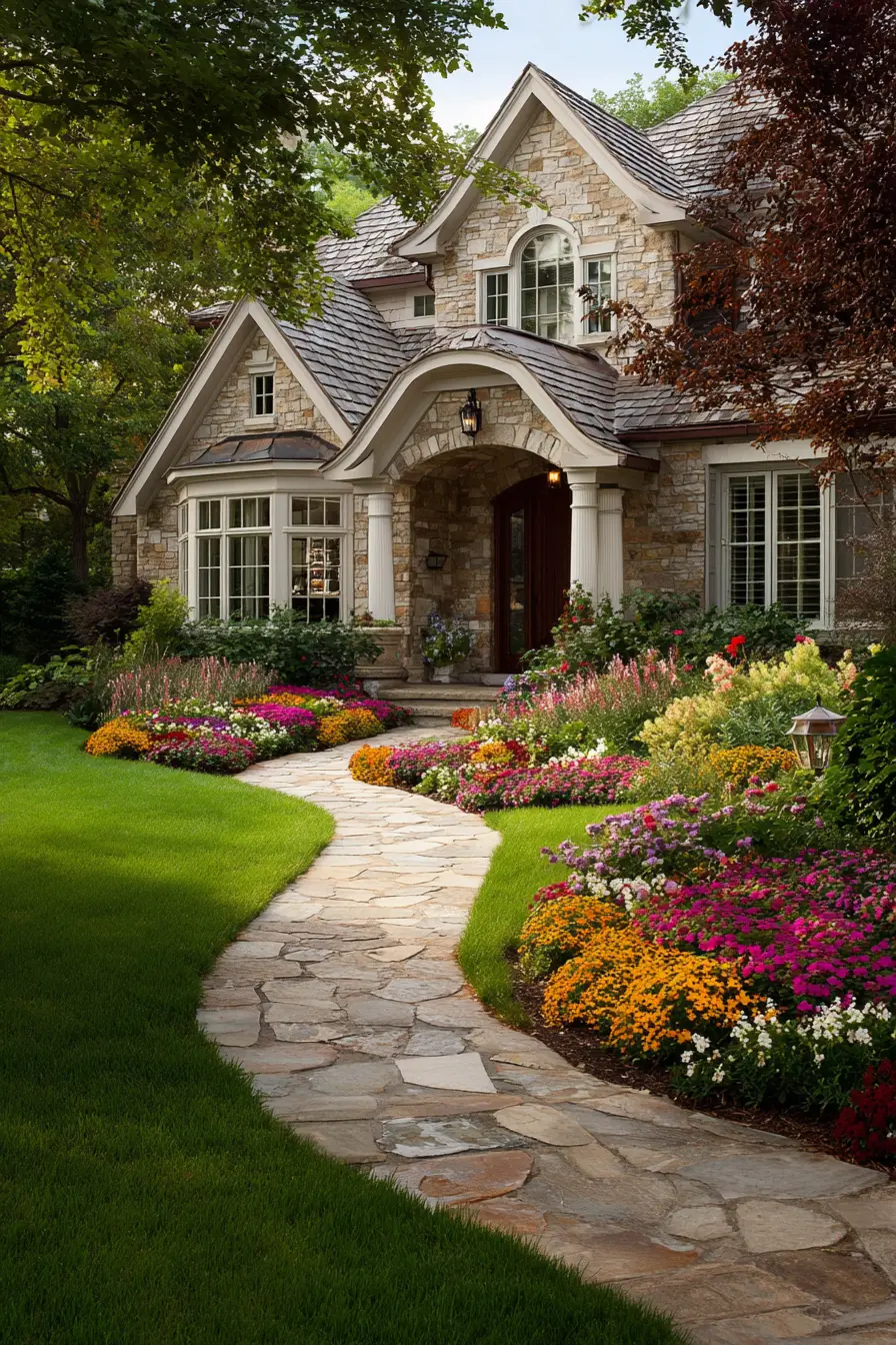 Curved Stone Walkway with Colorful Garden Borders