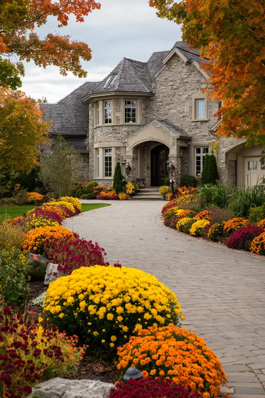 Driveway Island with Vibrant Fall Blooms