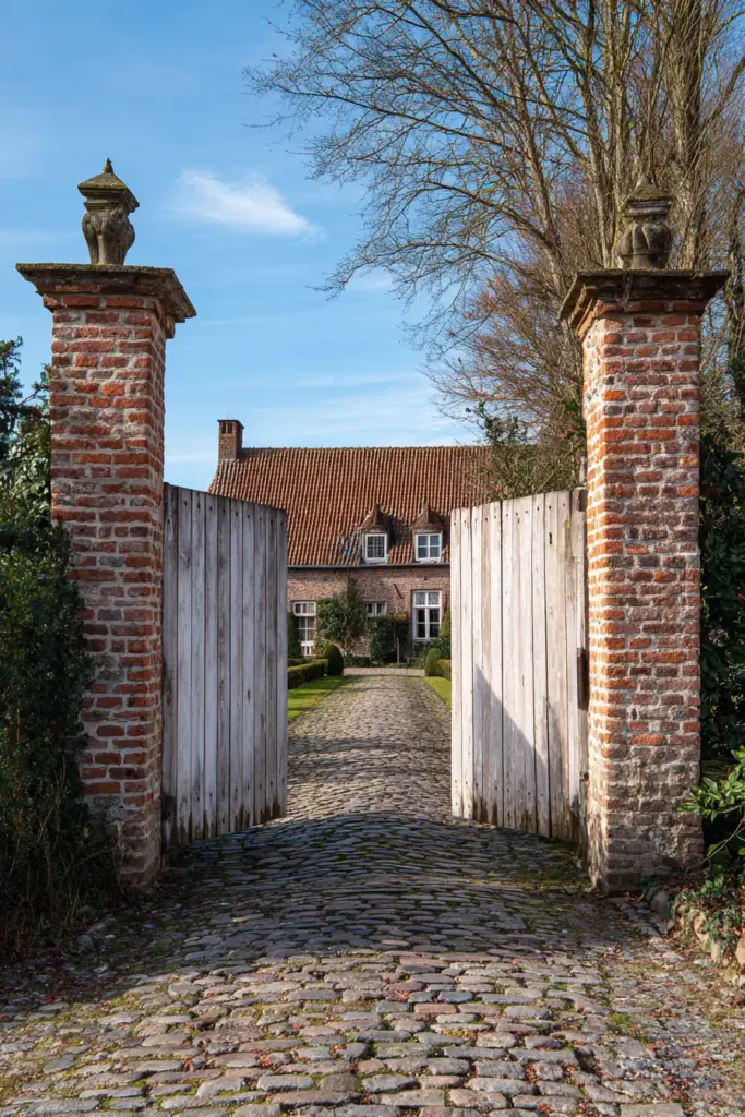 Rustic Brick Pillars with Wooden Gate