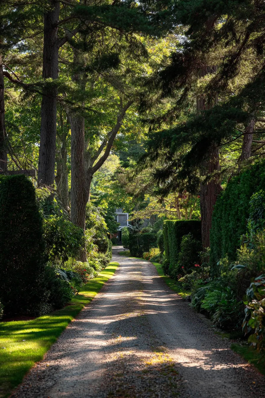 Woodland Driveway Surrounded by Towering Trees