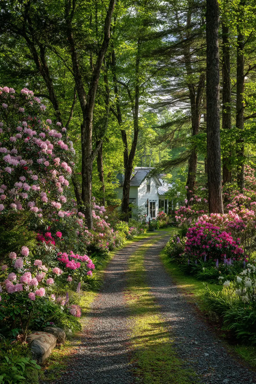 Gravel Driveway Framed with Blooming Shrubs