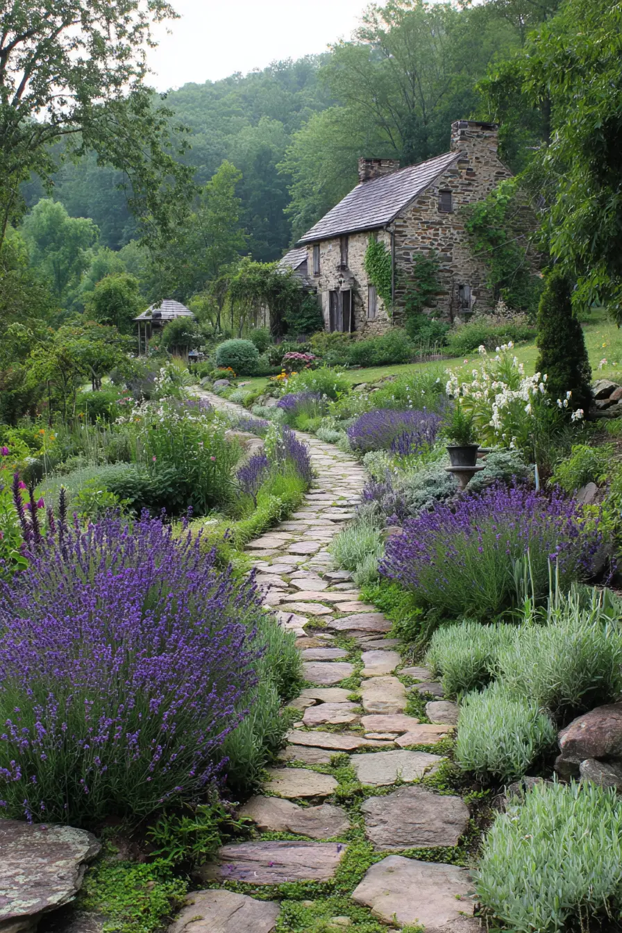 Lavender-Lined Stone Pathway