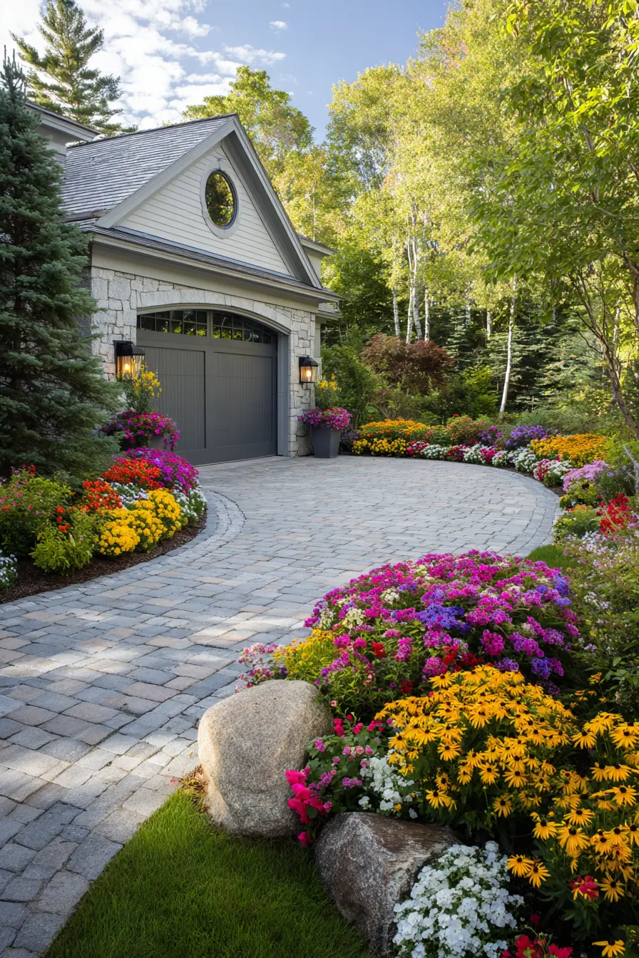 Cobblestone Driveway with Vibrant Garden Edges
