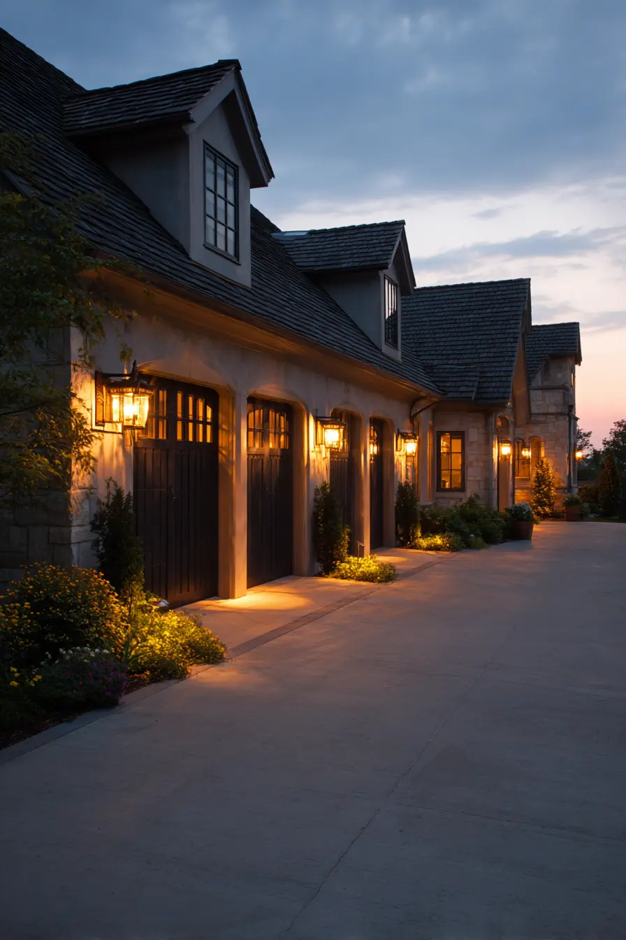 Classic Lantern Lights Along Garage Driveway