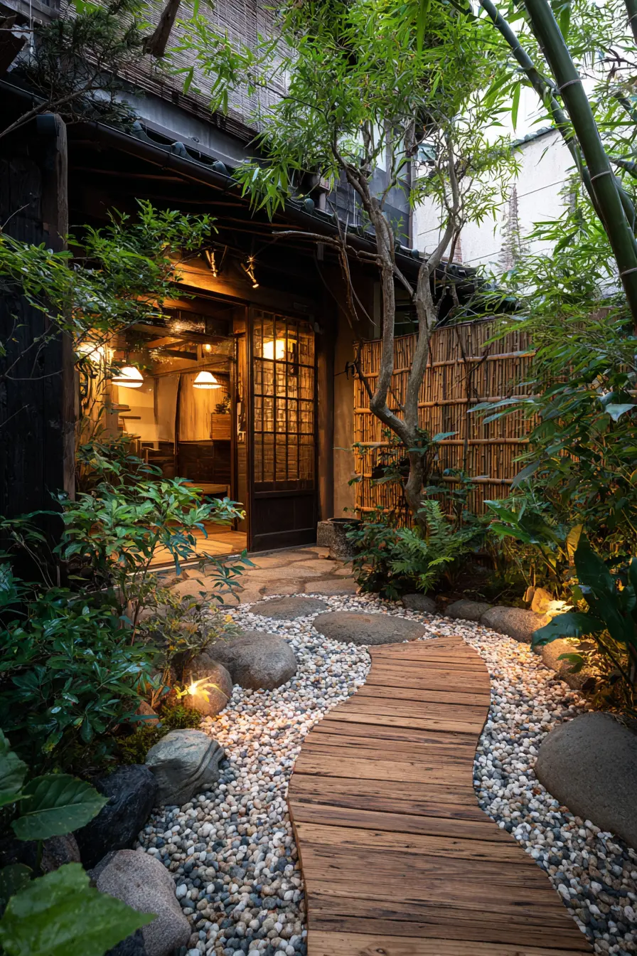 Tranquil Wooden Pathway in a Japanese Garden