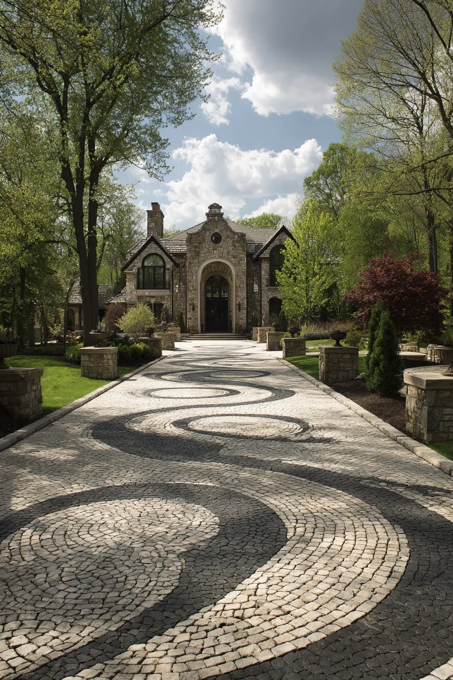 Artistic Cobblestone Driveway with Striking Wave Patterns