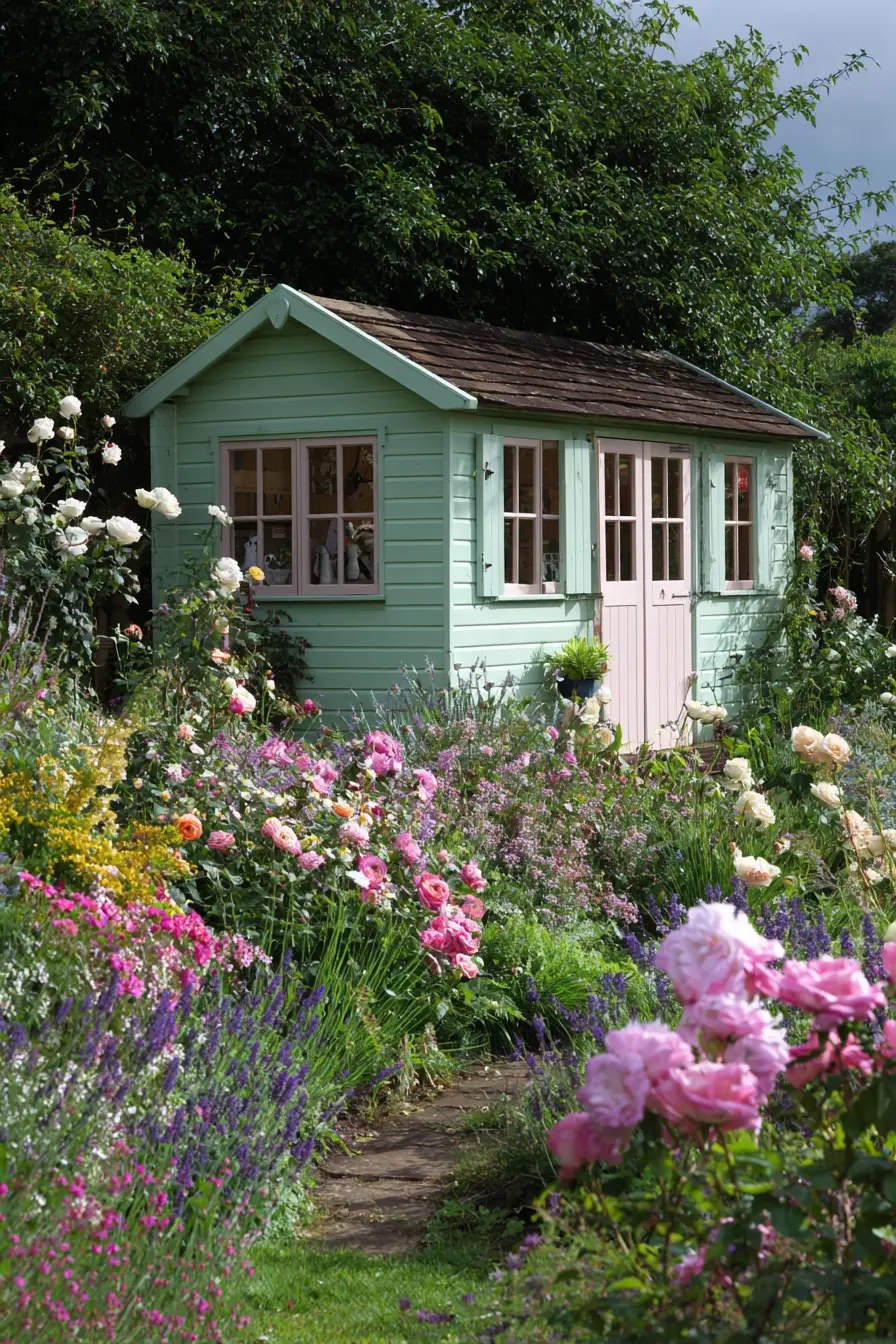 Pastel Mint Metal Shed with Pink Door Charm