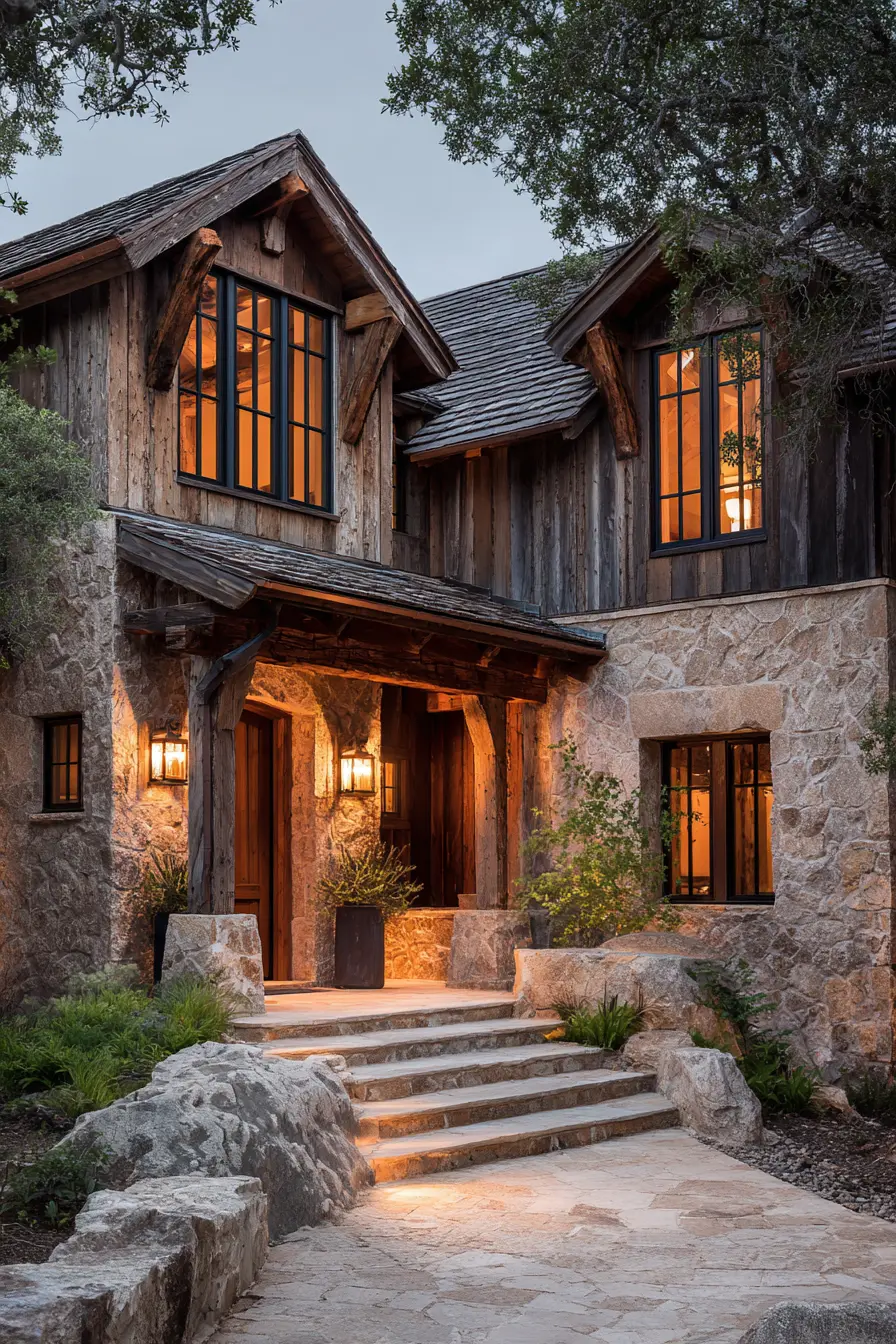 Rustic Two Story House with Stone and Wood Exterior