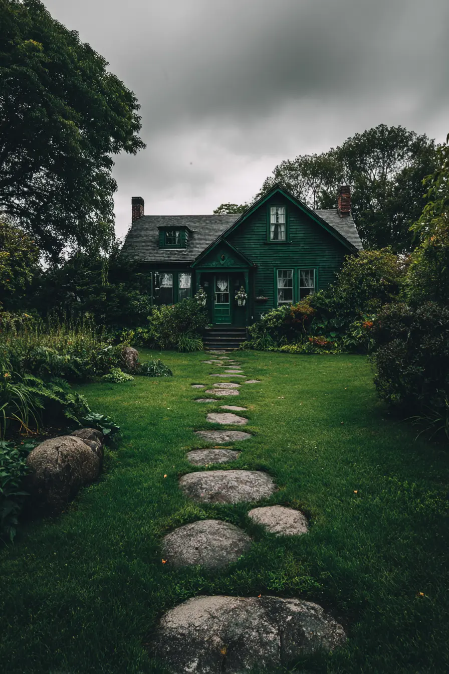 Dark Green Cottage Surrounded by Lush Garden Path