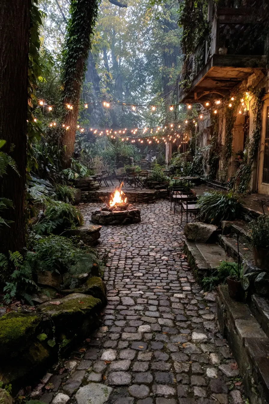 Rustic Cobblestone Courtyard with Fire Pit