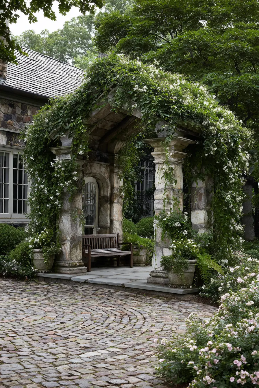 Rustic Circle Driveway with Stone Arch and Garden Seating