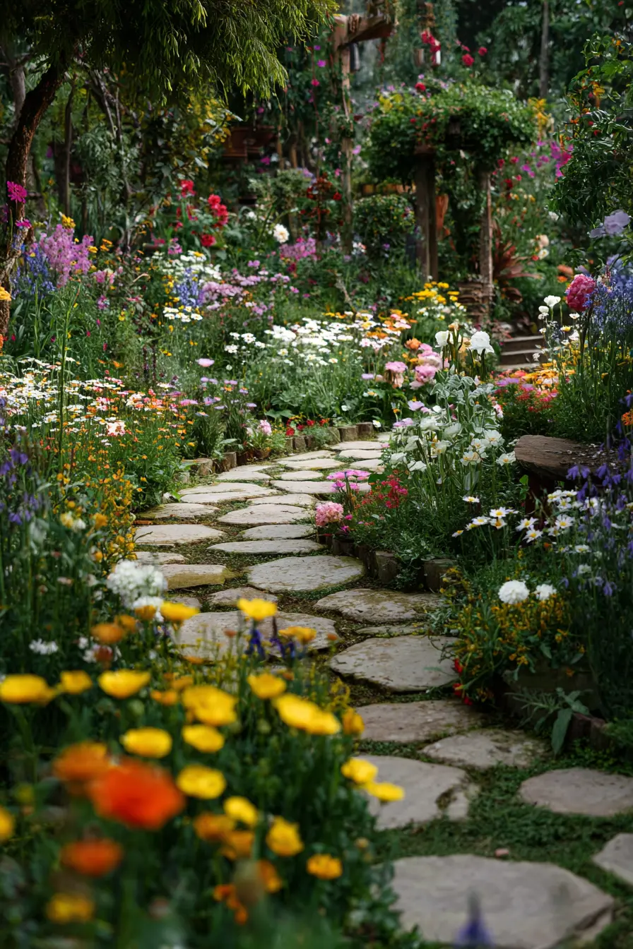 Garden Walkway with Flower-Framed Stepping Stones