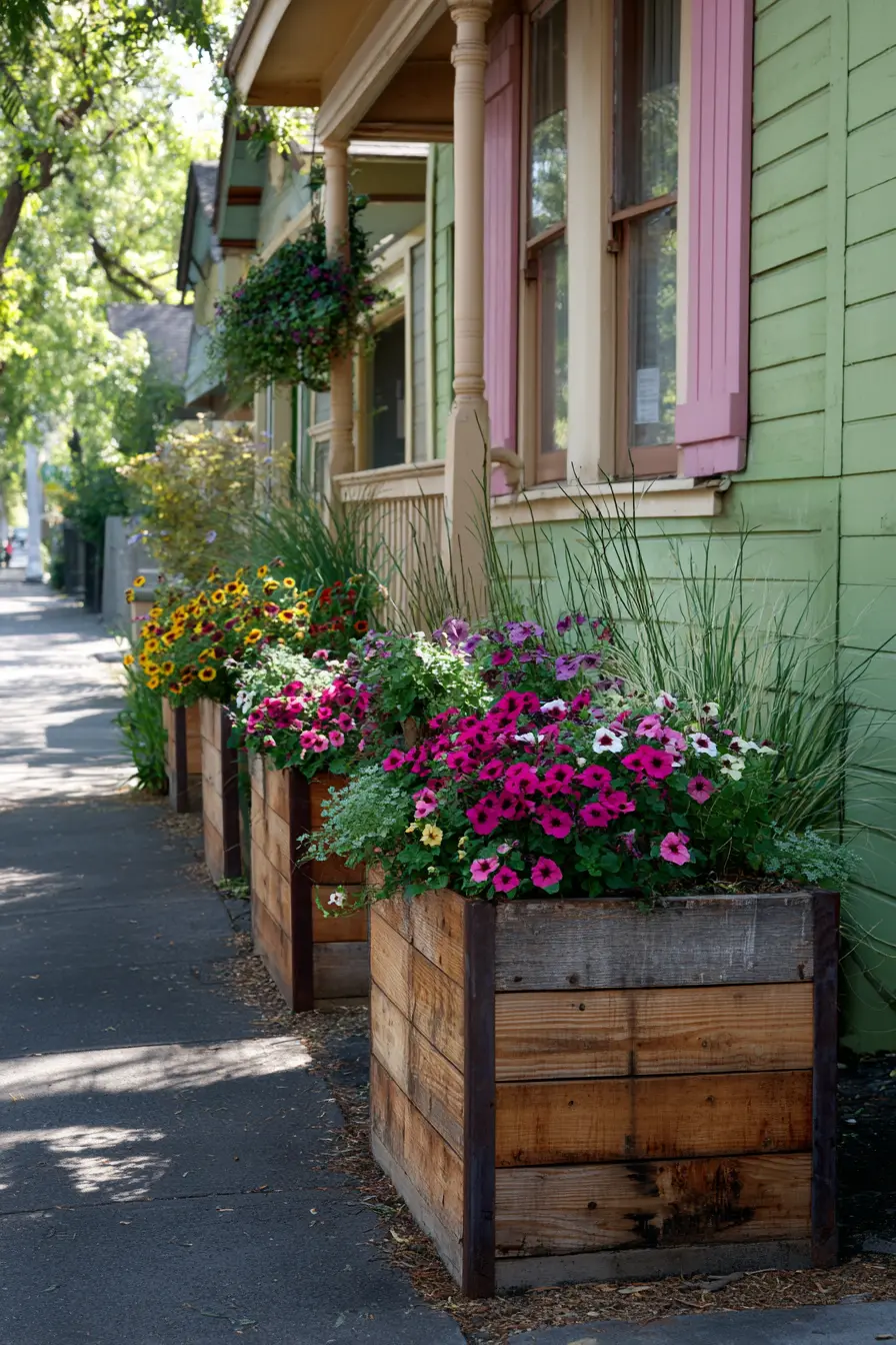 Rustic Wooden Driveway Planters with Colorful Blooms