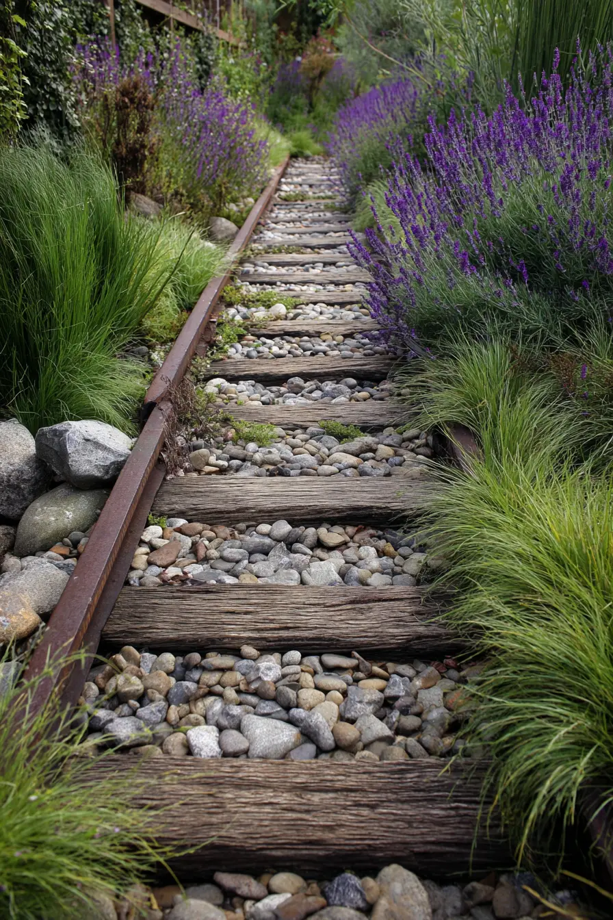 Rustic Railroad Tie Walkway with Lavender Edging