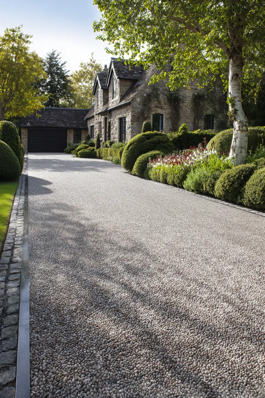 Elegant Pea Gravel Driveway with Stone Cottage Charm