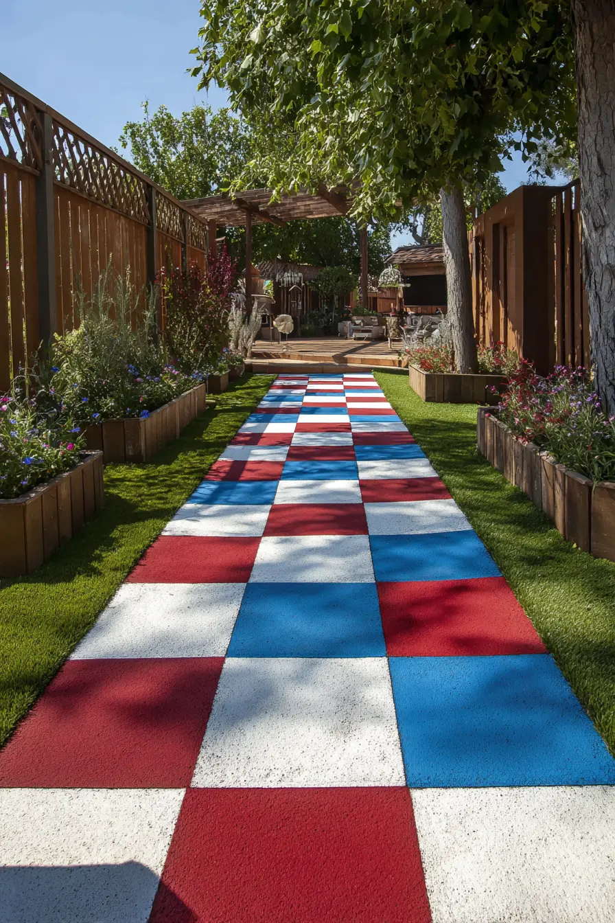 Bold Checkerboard Walkway with Vibrant Tiles