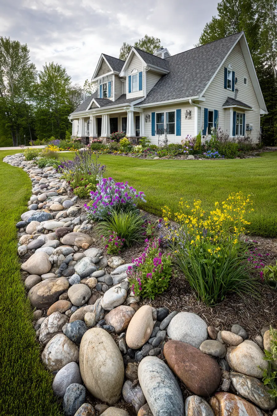 Natural River Rock Edging with Garden Accents