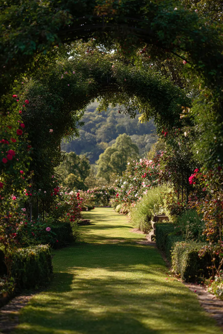 Romantic Grassy Path Framed by Rose Arches