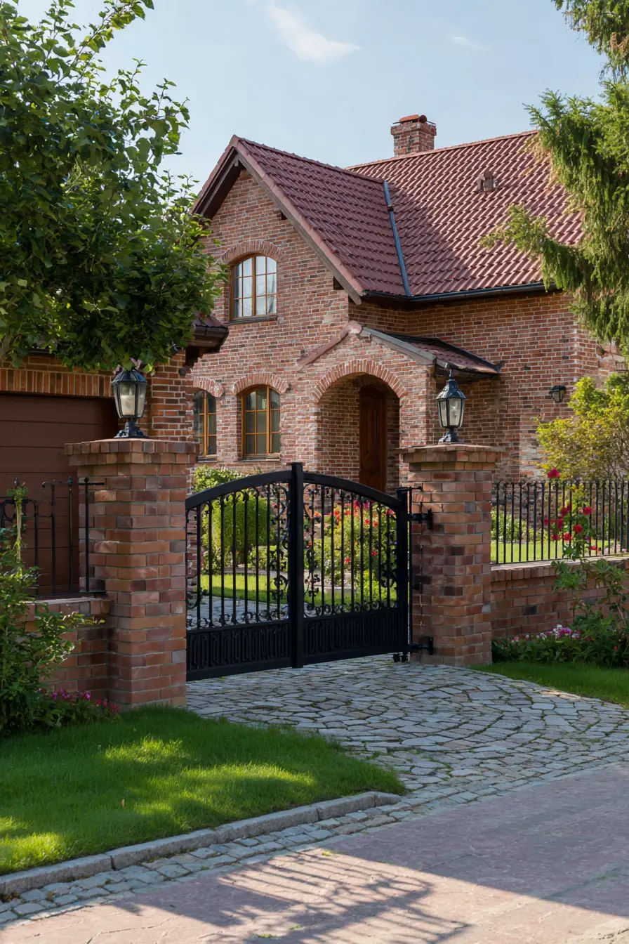 Classic Brick Driveway Entrance with Wrought Iron Gate