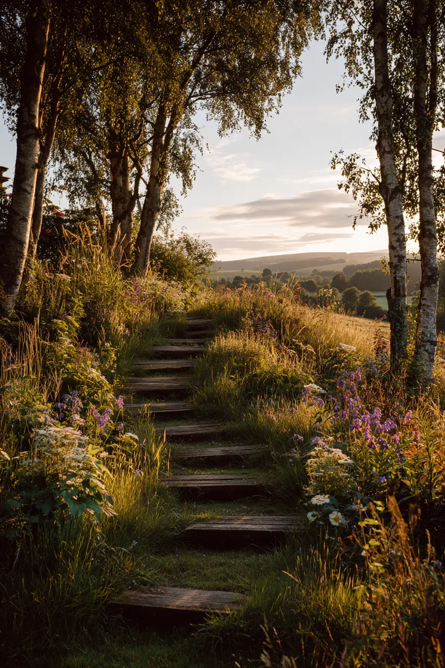 Woodland Pathway with Rustic Wooden Steps