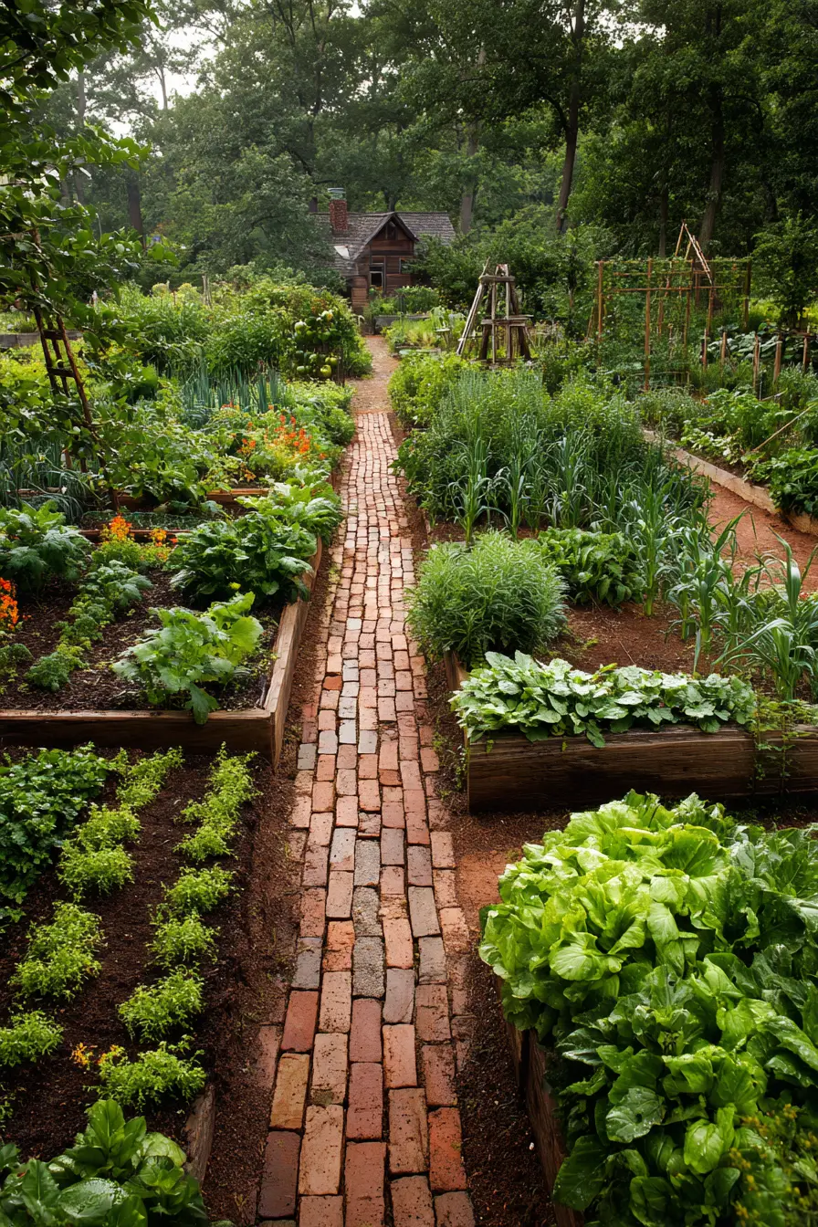Red Brick Pathway Through Raised Garden Beds