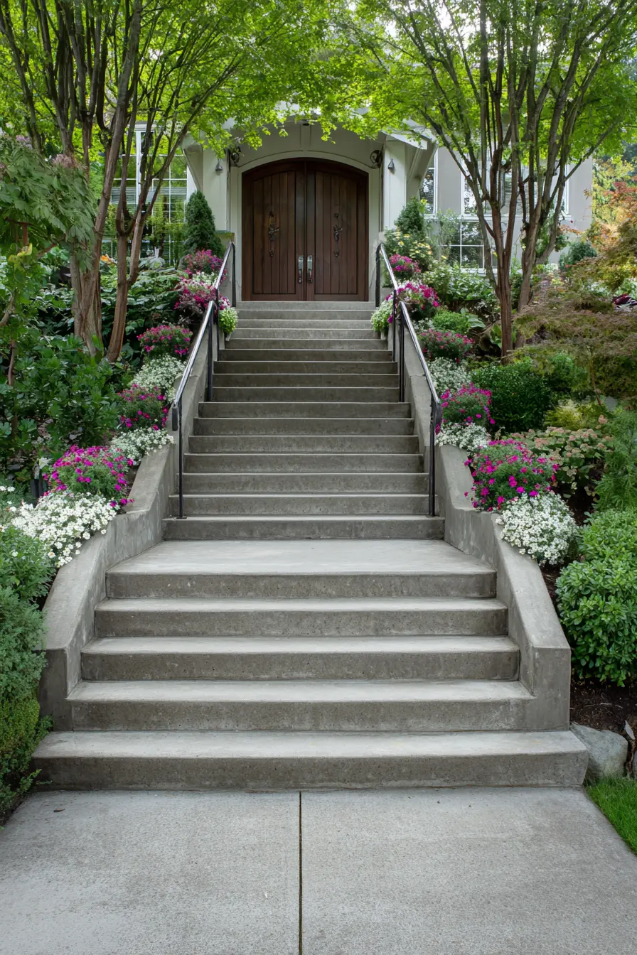 Grand Concrete Entry Stairs with Garden Accents