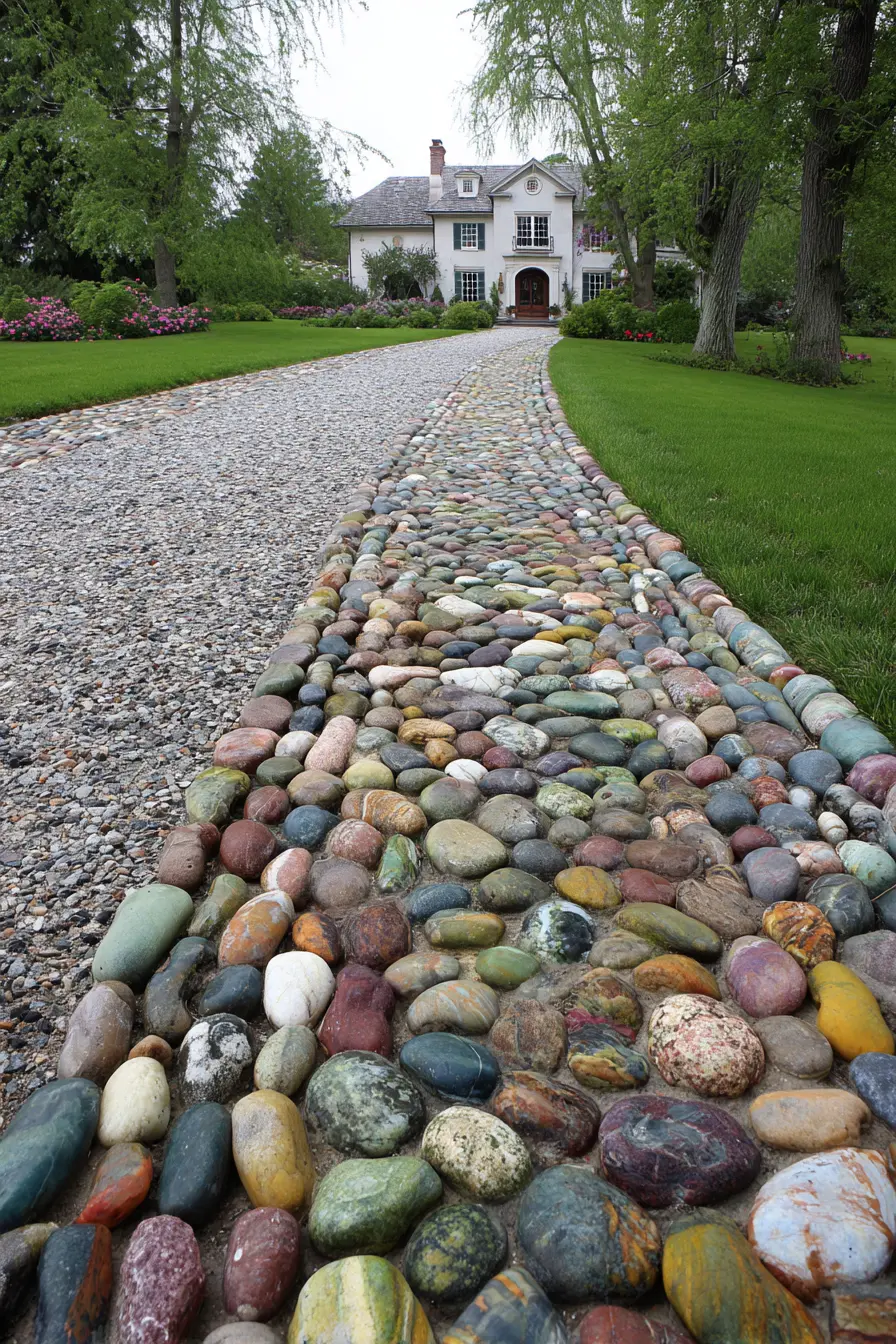 Colorful Stone Border on a Gravel Driveway