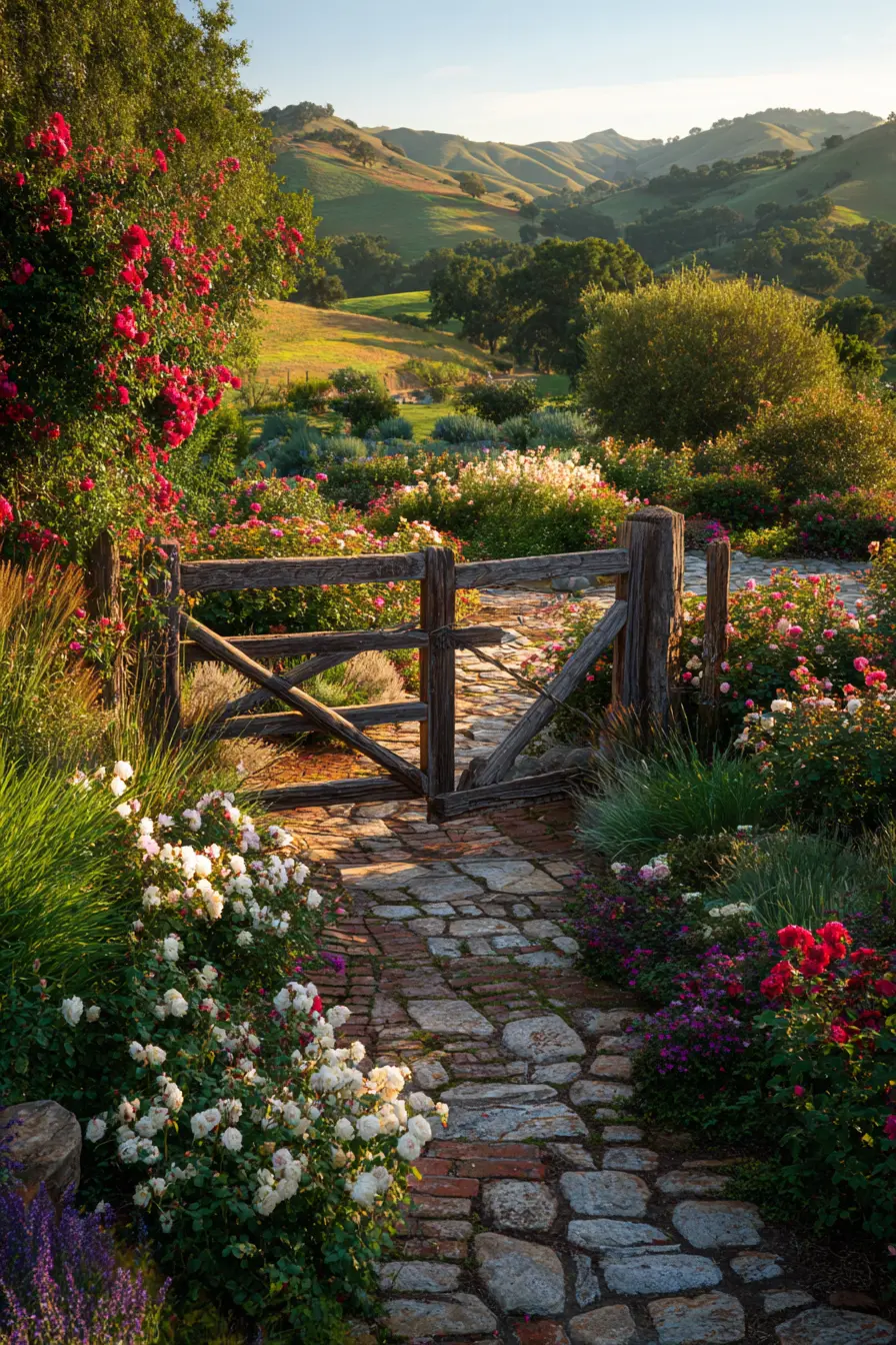 Cottage Garden Path with Wooden Gate and Rolling Hills