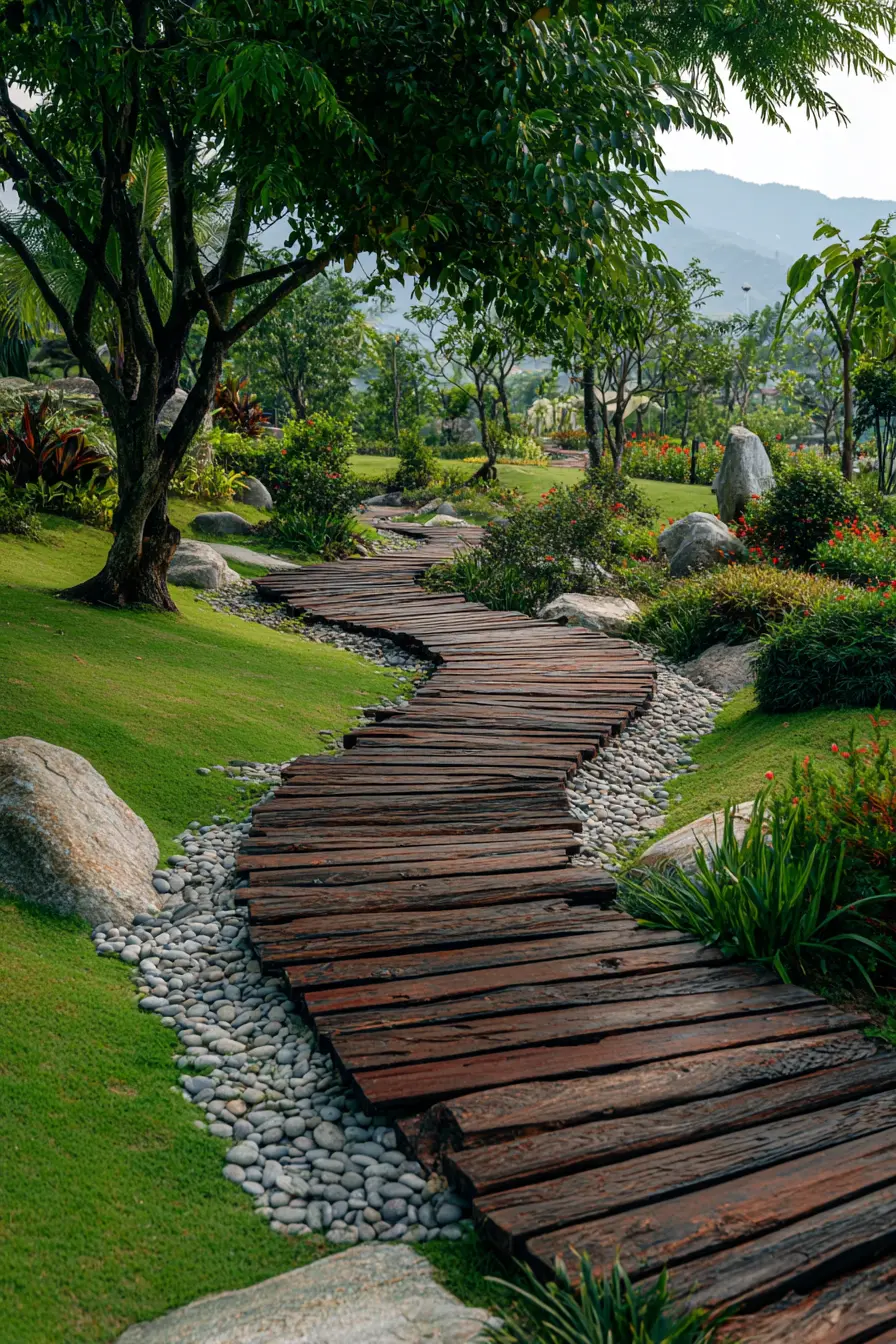 Rustic Wooden Plank Grass Walkway