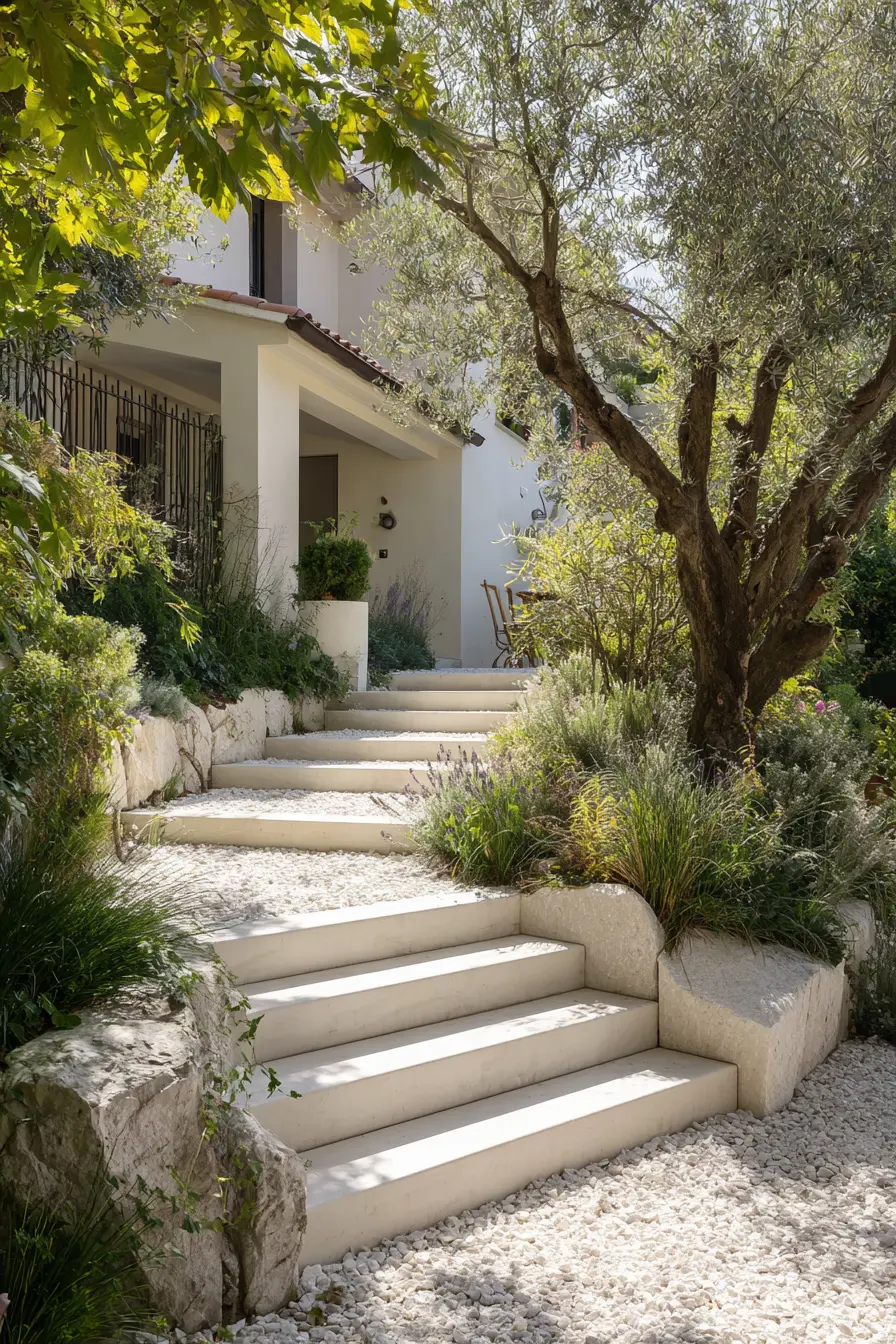 Mediterranean Garden Stairs with Stone Accents