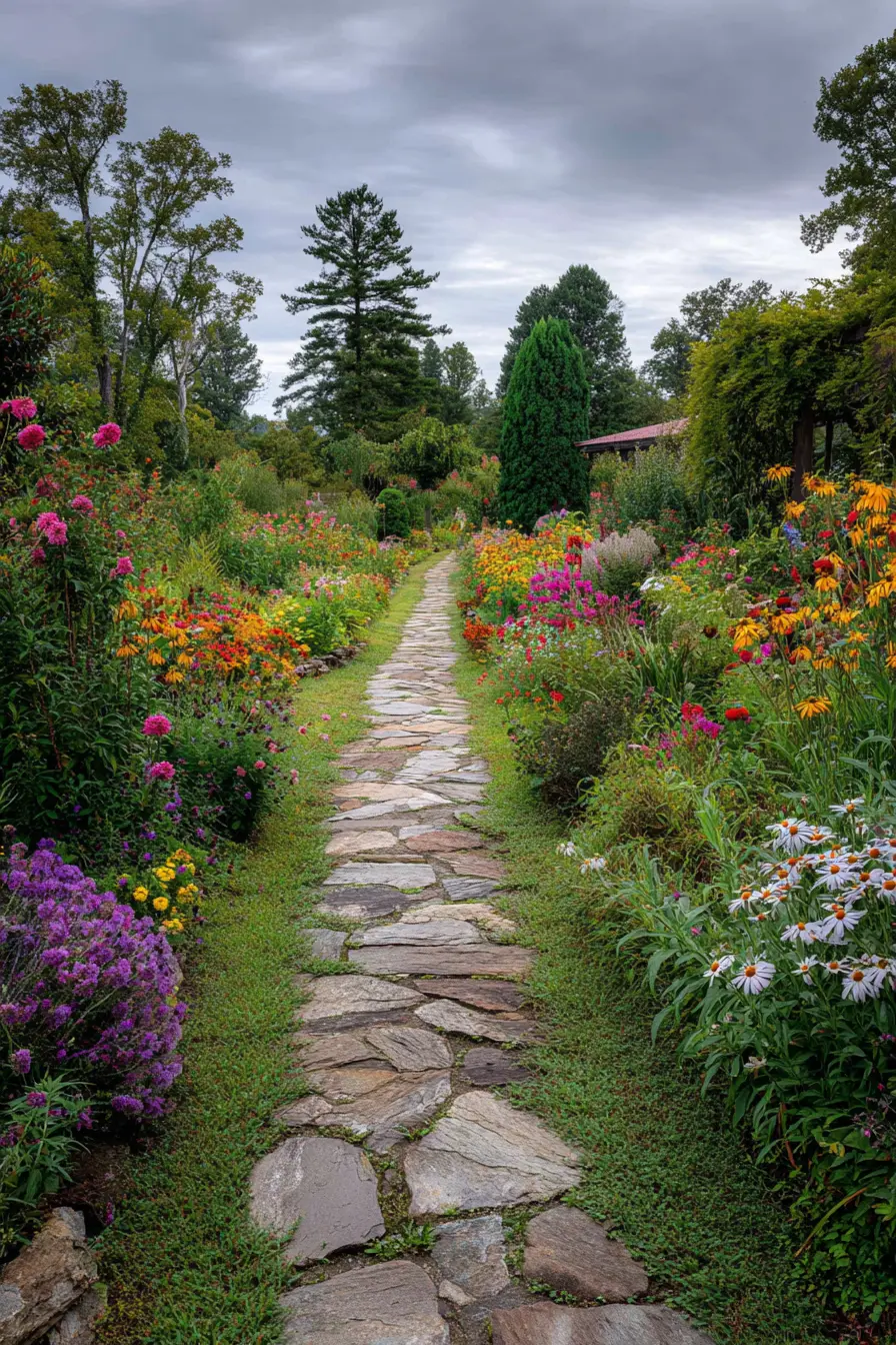 Flower-Framed Stone Pathway