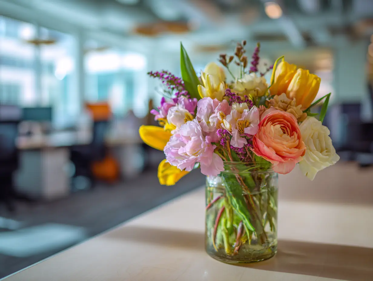 Place a Vase of Fresh Flowers to Add a Burst of Color to Your Desk