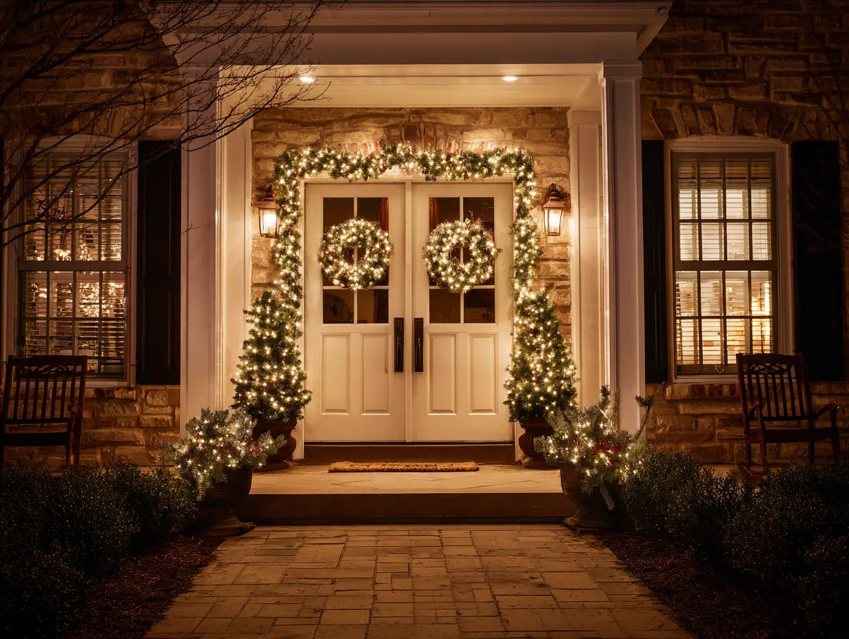 Decorate the Front Door With String Lights for Porch Lighting