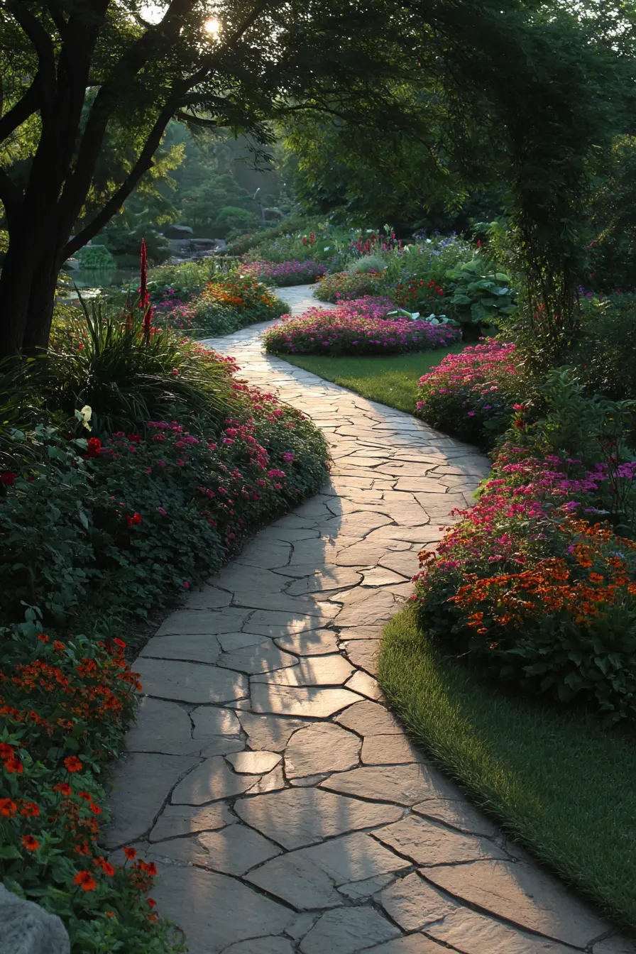 Flagstone Pathway Framed by Colorful Blooms