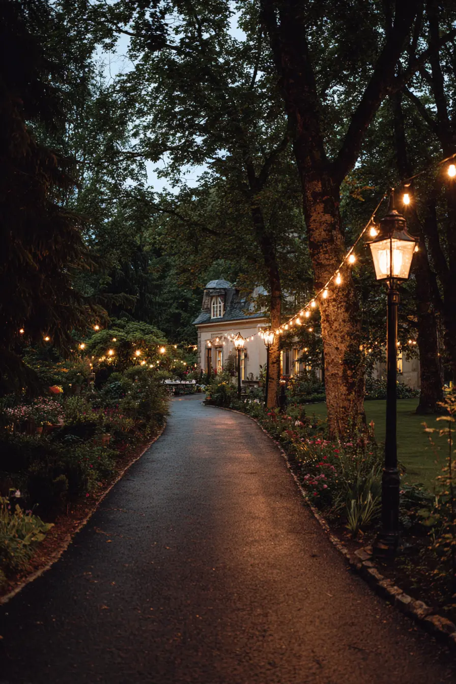 Driveway with Romantic String Lighting