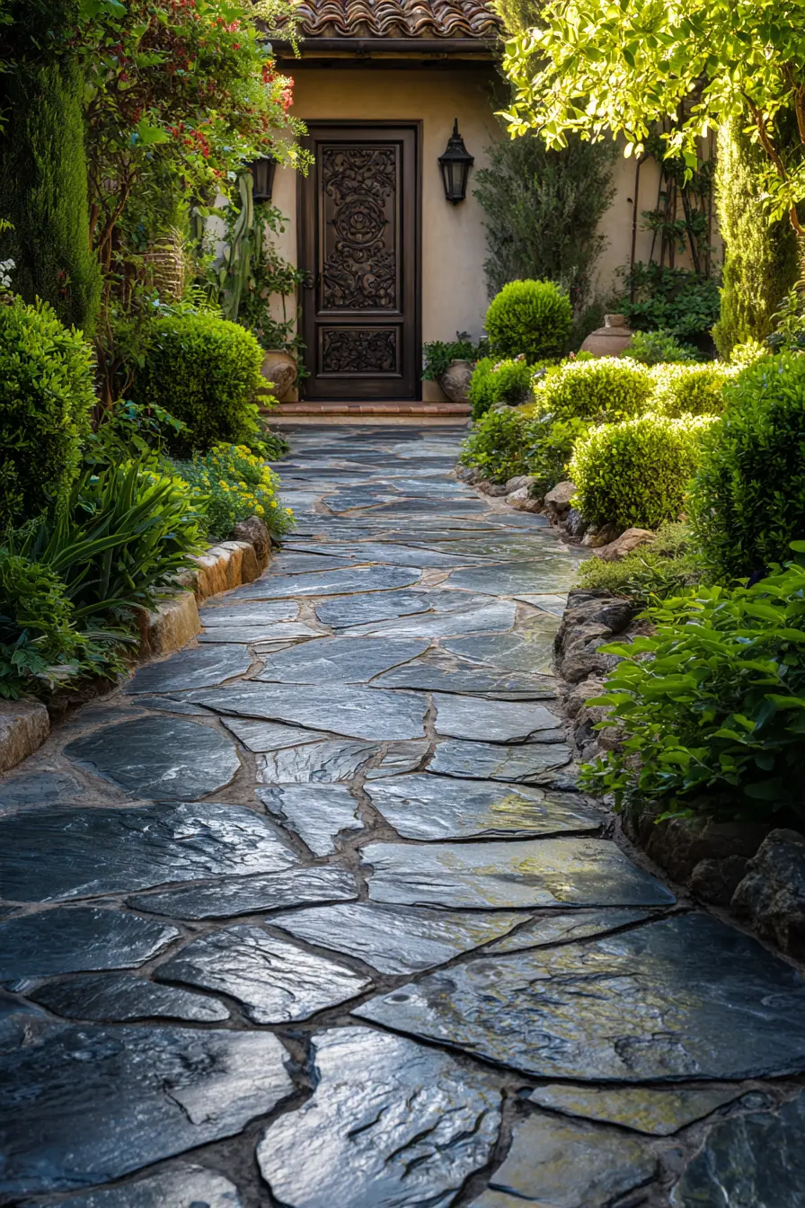 Polished Limestone Walkway Framed with Greenery