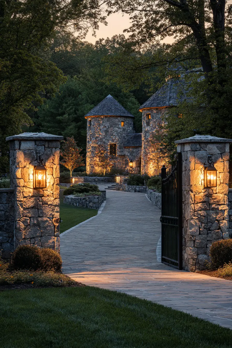 Stone Pillars with Warm Lantern Glow