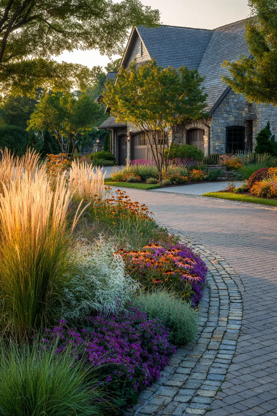 Colorful Driveway with Ornamental Grasses and Blooms