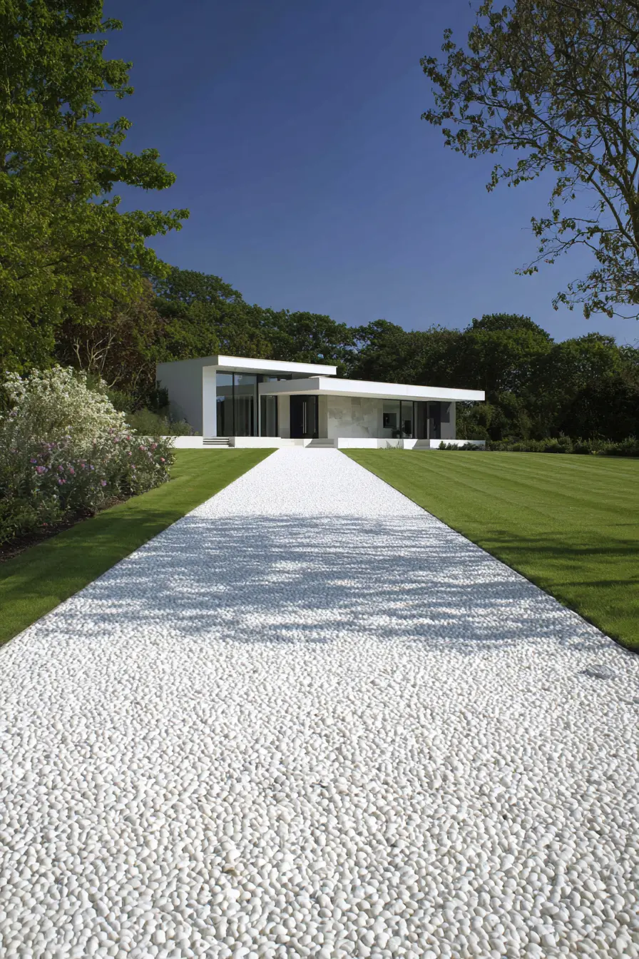 Modern Gravel Driveway with White Pebbles
