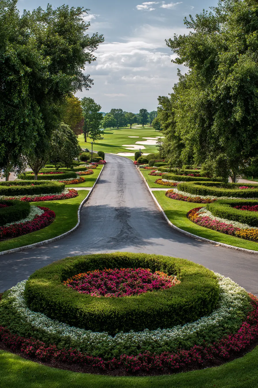 Colorful Driveway with Layered Flower Beds