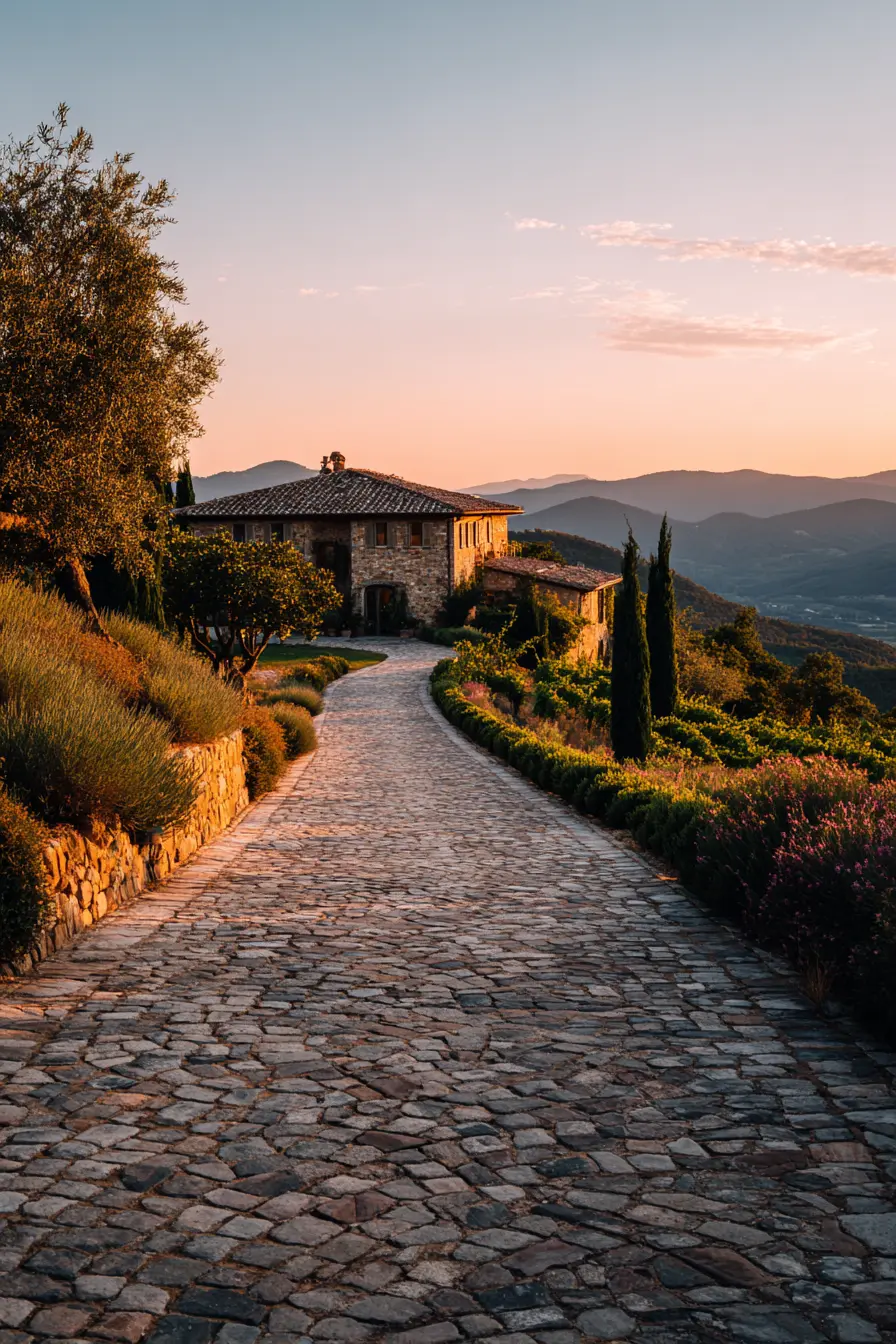 Stone Ranch Driveway with Sunset Views