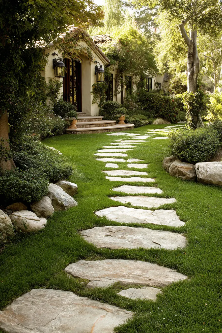 Flagstone Walkway Across a Lush Lawn