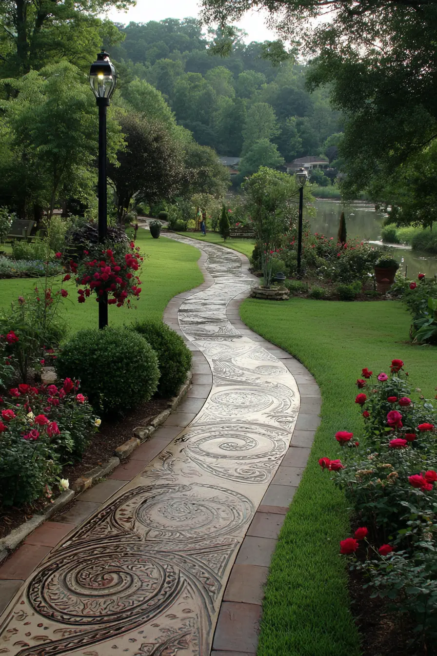 Artistic Stamped Cement Walkway in Garden Setting