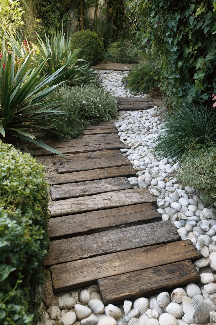 Rustic Wooden Pathway with Pebble Accents