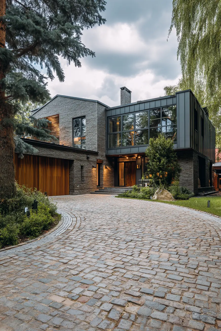 Modern Cobblestone Driveway with Contemporary Home Design